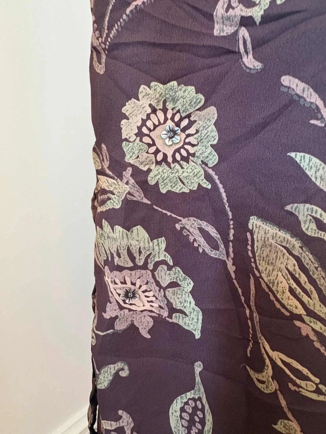 Falda larga vintage marrón con flores boho retro midi fluida recta con abertura Y2K talla 14 XL Kathie Lee – photo 4